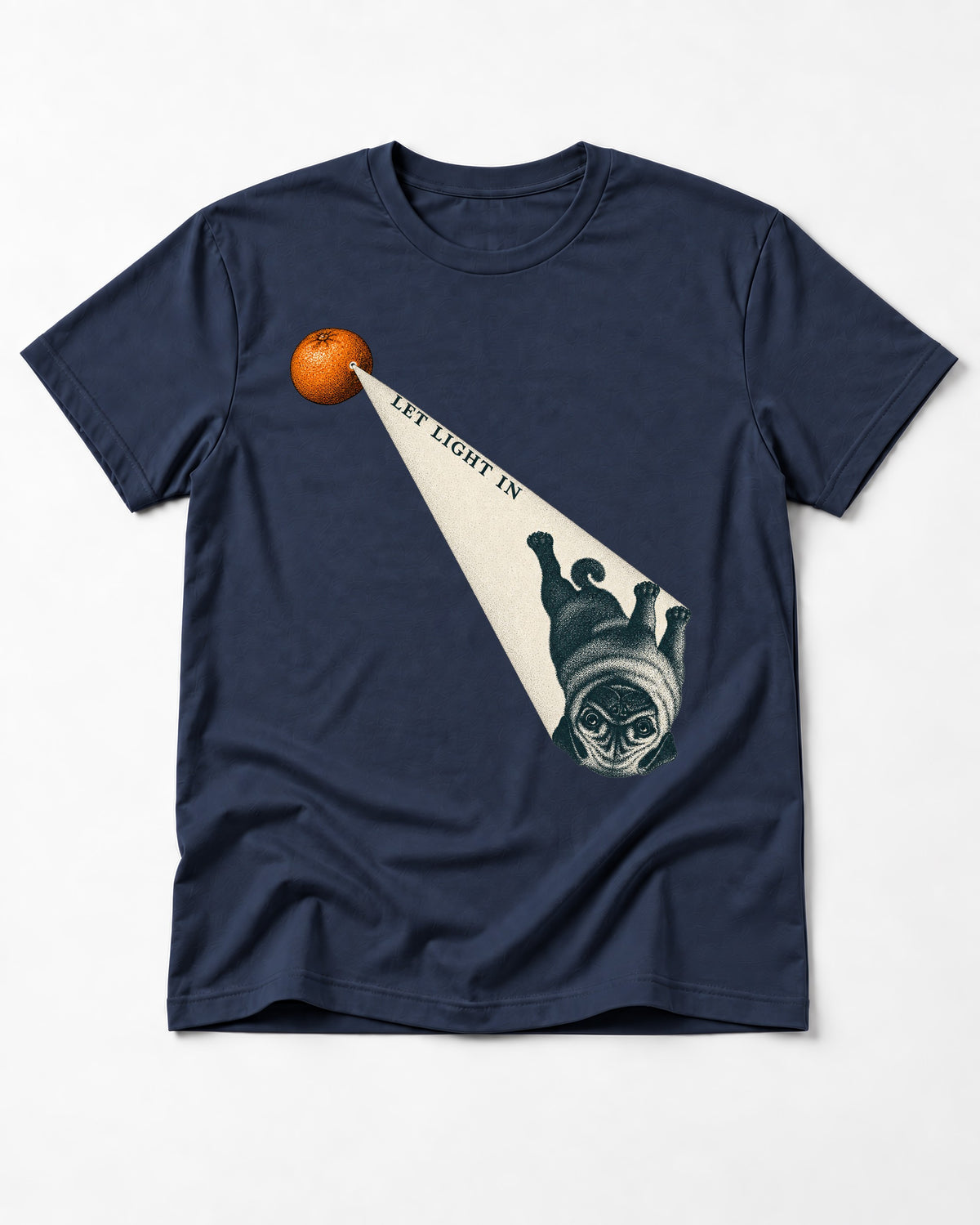 Pug Let Light In Camera Obscura Graphic T-Shirt in Navy, flat lay product photo
