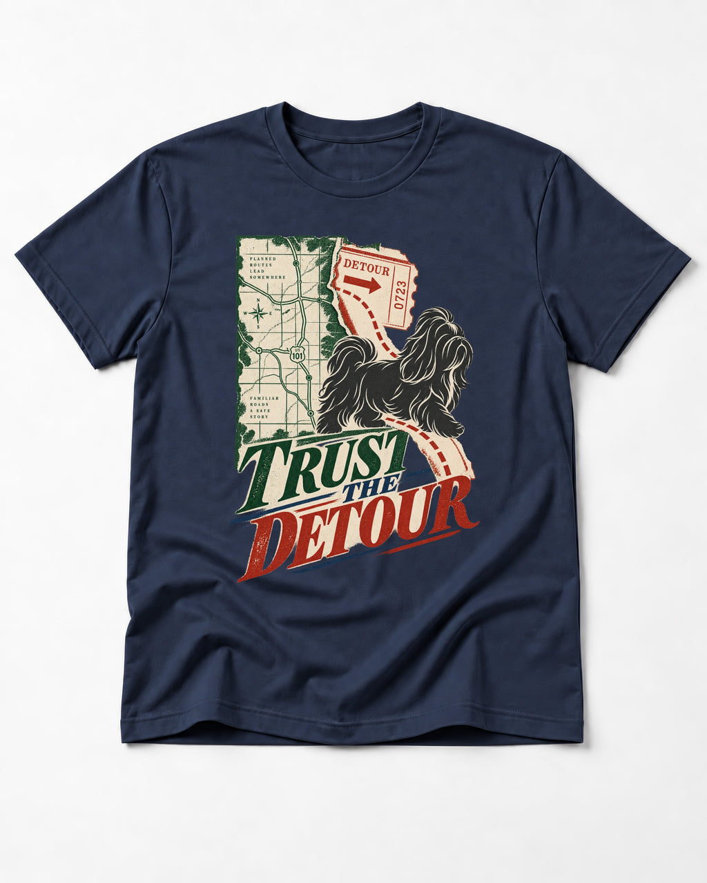 Shih Tzu Trust the Detour Road Map Graphic T-Shirt in Navy, flat lay product photo