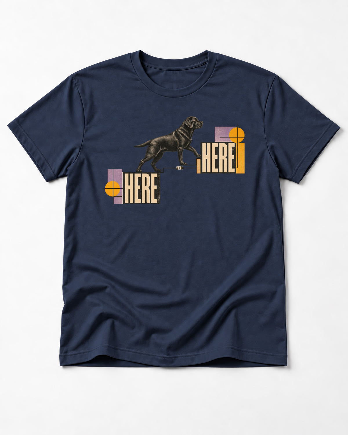 Here and Here Stepping Labrador Retriever Graphic T-Shirt in Navy, flat lay product photo