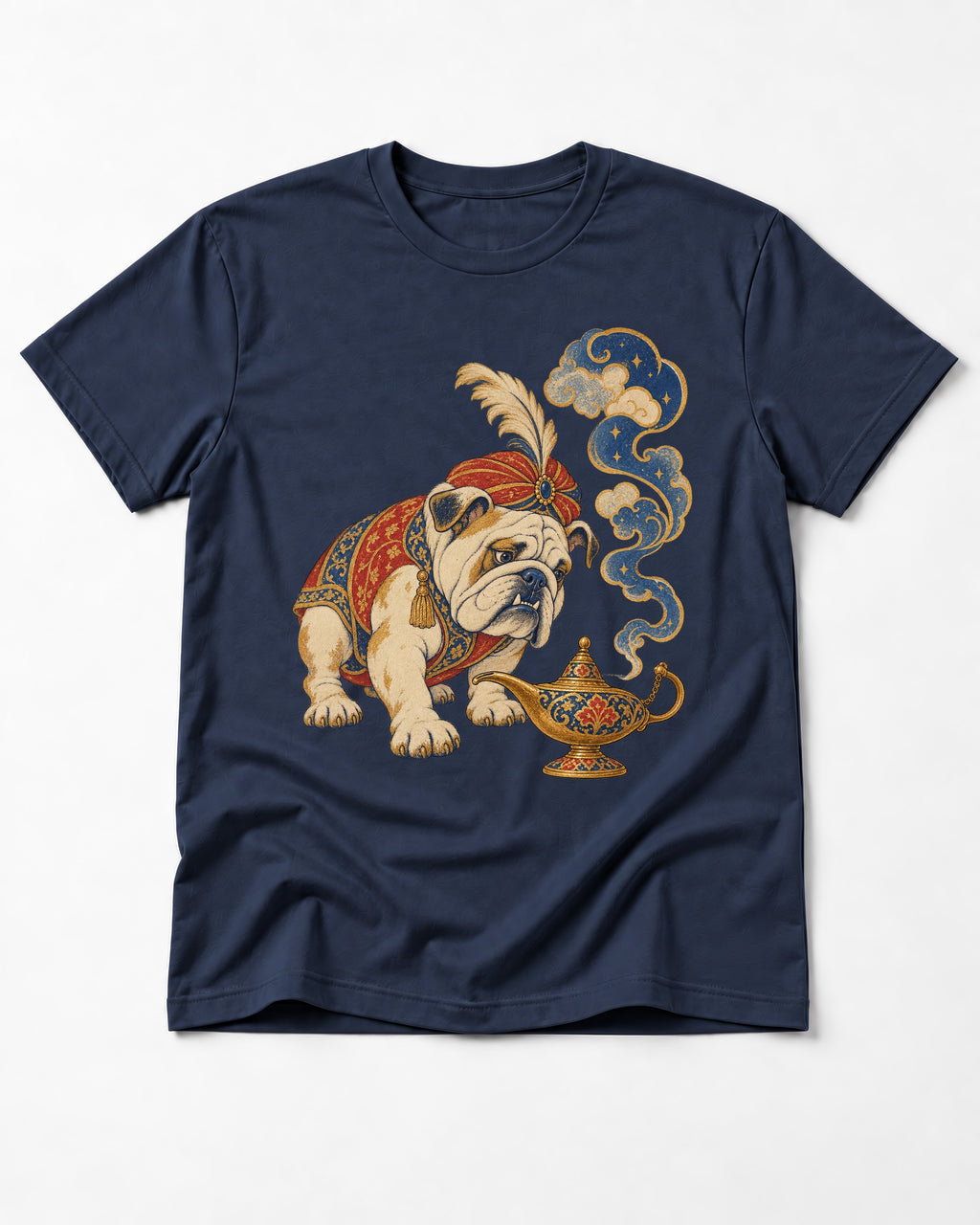 English Bulldog Magic Lamp Genie Graphic T-Shirt in Navy, flat lay product photo