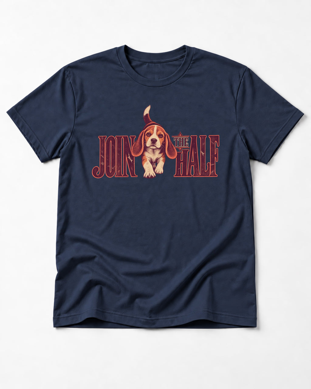 Beagle Join The Half T-Shirt in Navy, flat lay product photo