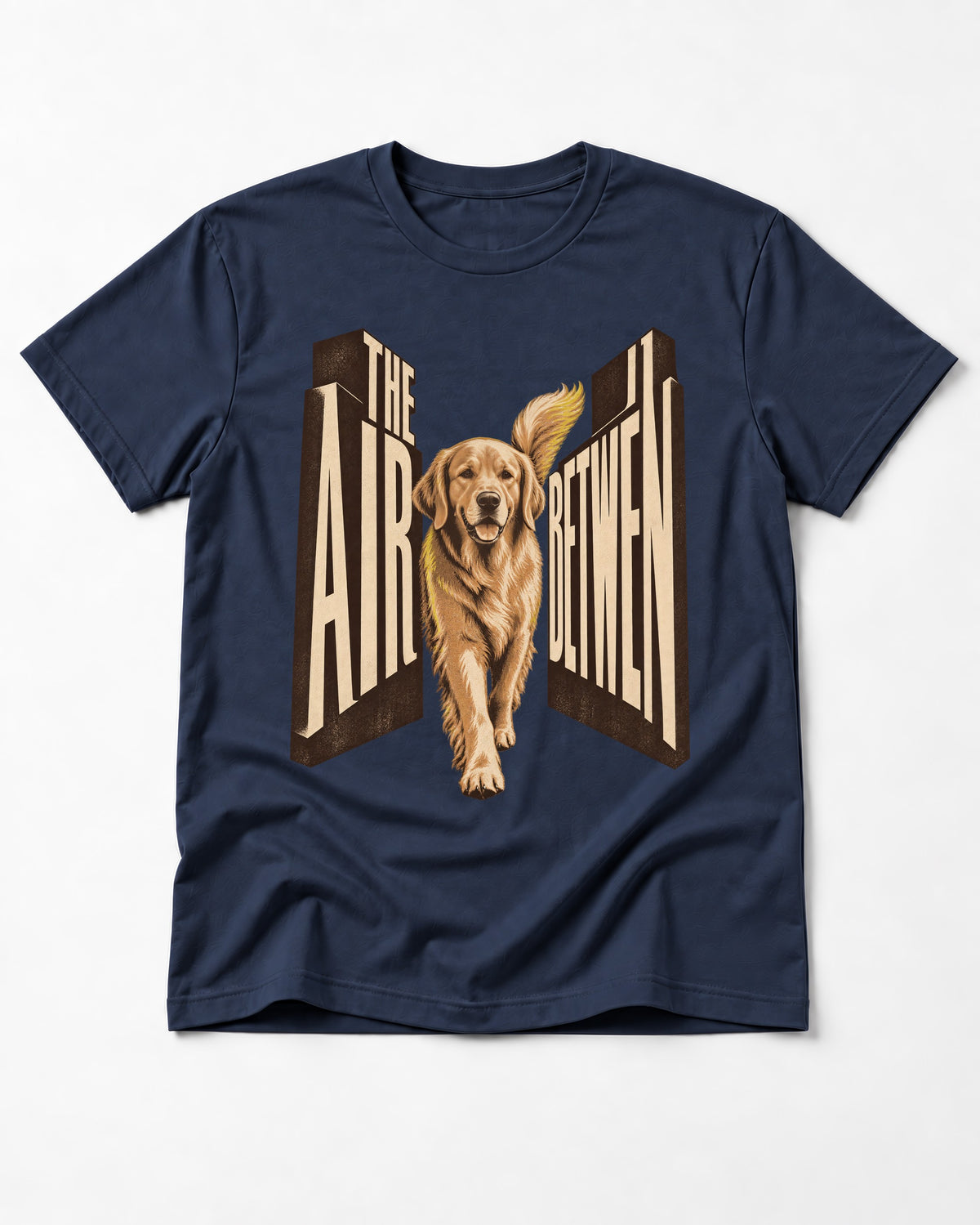 The Air Between Dimensional Golden Retriever Graphic T-Shirt in Navy, flat lay product photo