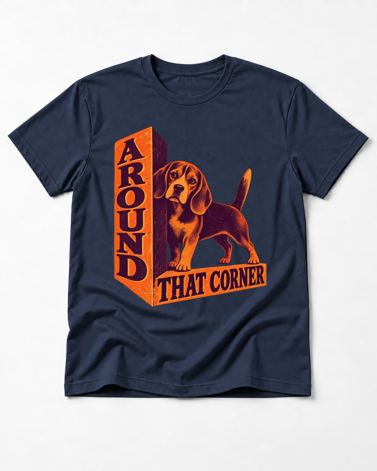 Beagle Around That Corner Graphic T-Shirt in Navy, flat lay product photo