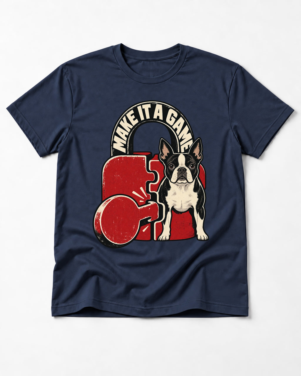 Boston Terrier Make It a Game T-Shirt in Navy, flat lay product photo