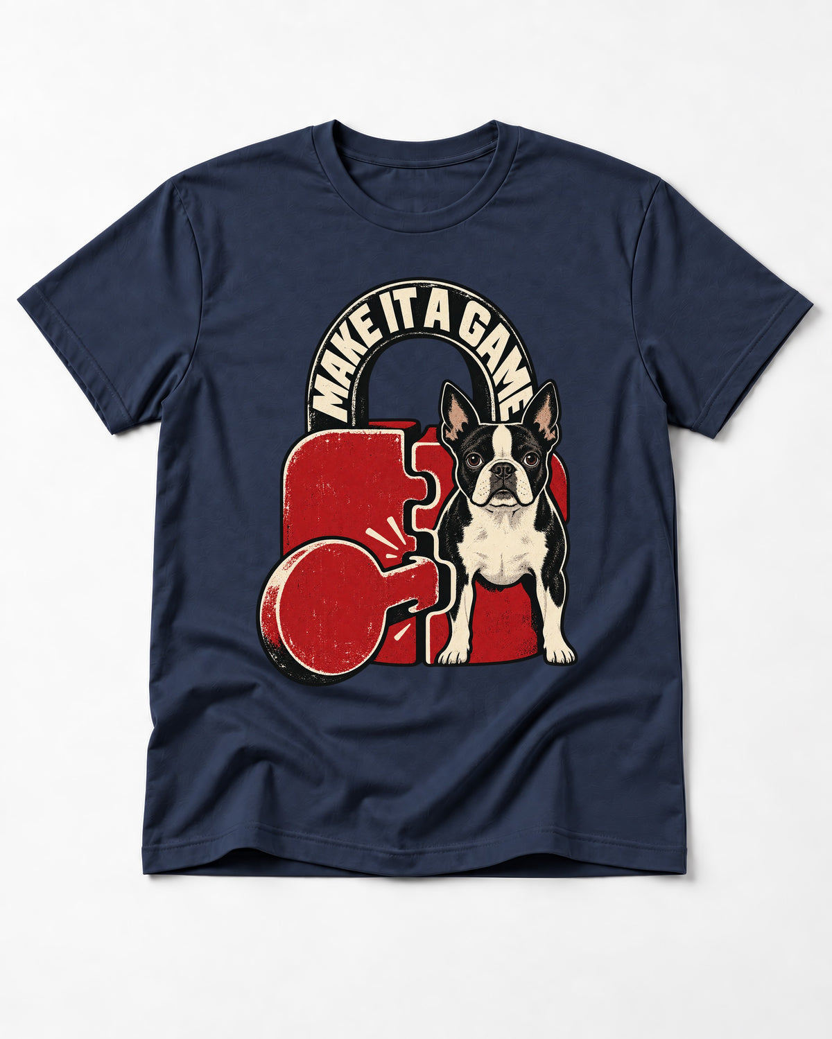 Boston Terrier Make It a Game T-Shirt in Navy, flat lay product photo