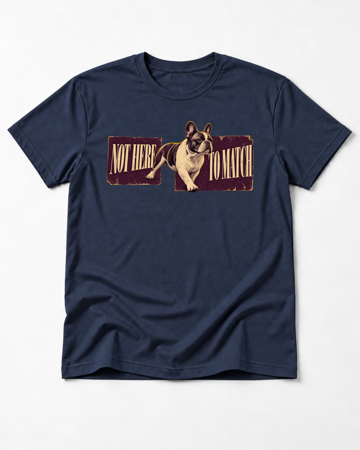 Frenchie Not Here to Watch Panels Graphic T-Shirt in Navy, flat lay product photo