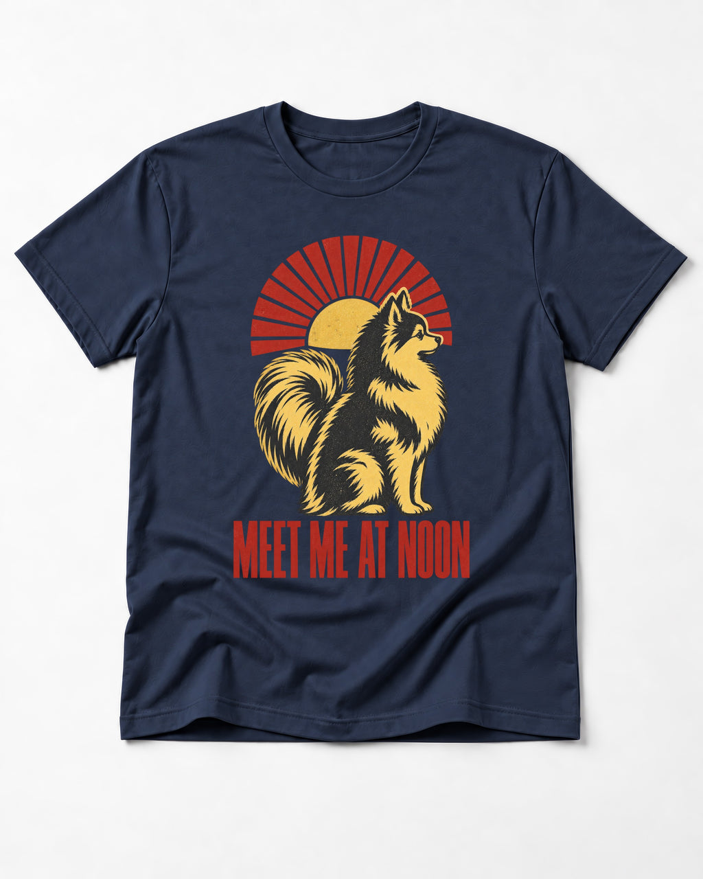Pomeranian Meet Me at Noon Sunburst Graphic T-Shirt in Navy, flat lay product photo