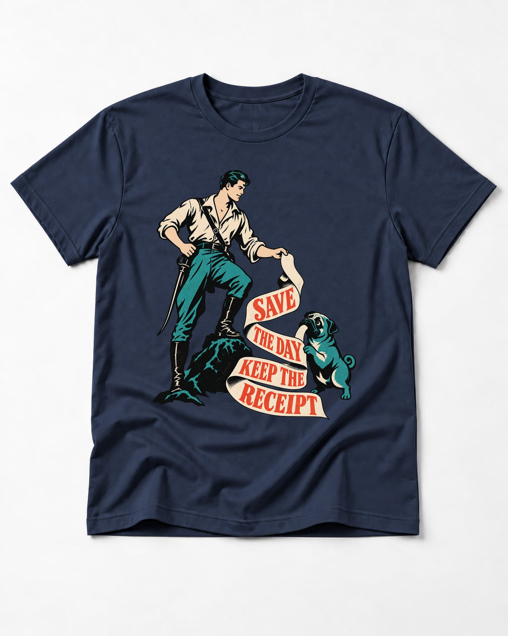 Pug Save the Day Keep the Receipt Hero Graphic T-Shirt in Navy, flat lay product photo