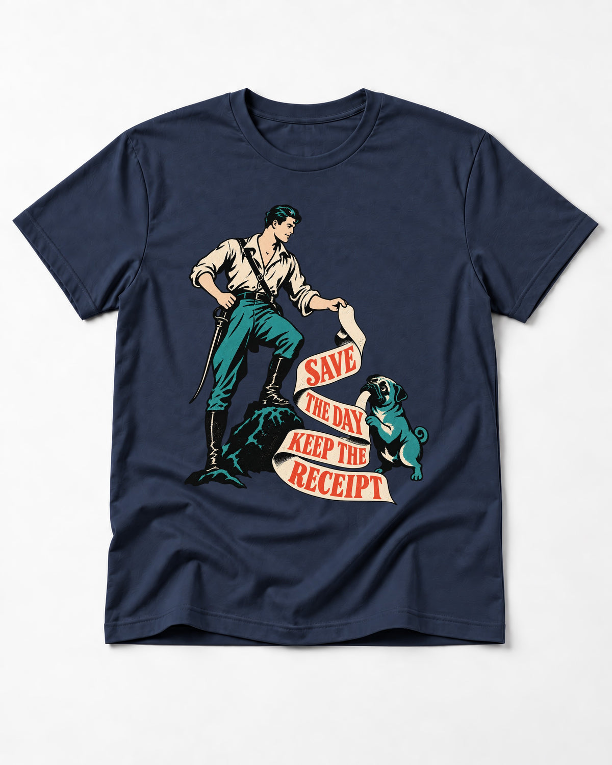 Pug Save the Day Keep the Receipt Hero Graphic T-Shirt in Navy, flat lay product photo