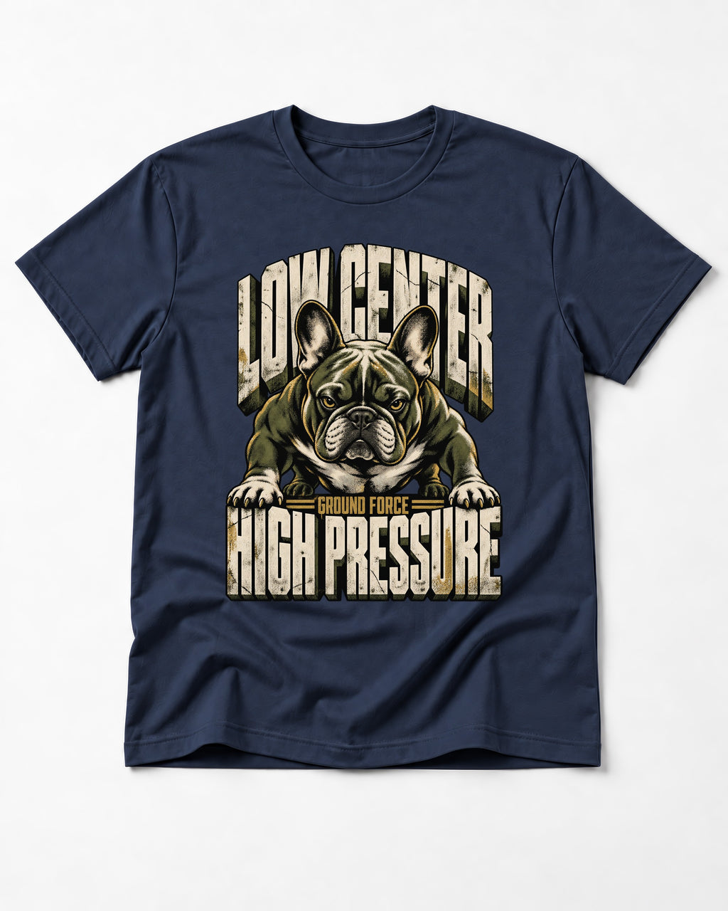 Frenchie Low Center High Pressure Graphic T-Shirt in Navy, flat lay product photo