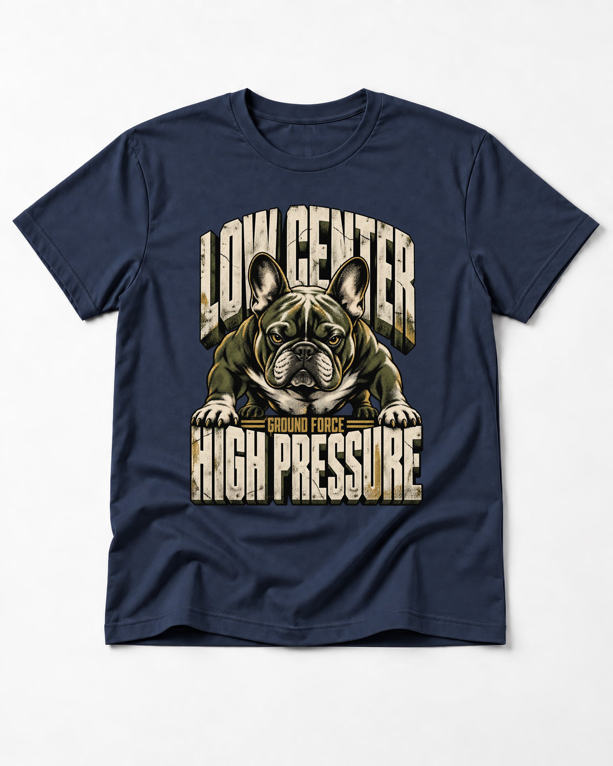 Frenchie Low Center High Pressure Graphic T-Shirt in Navy, flat lay product photo