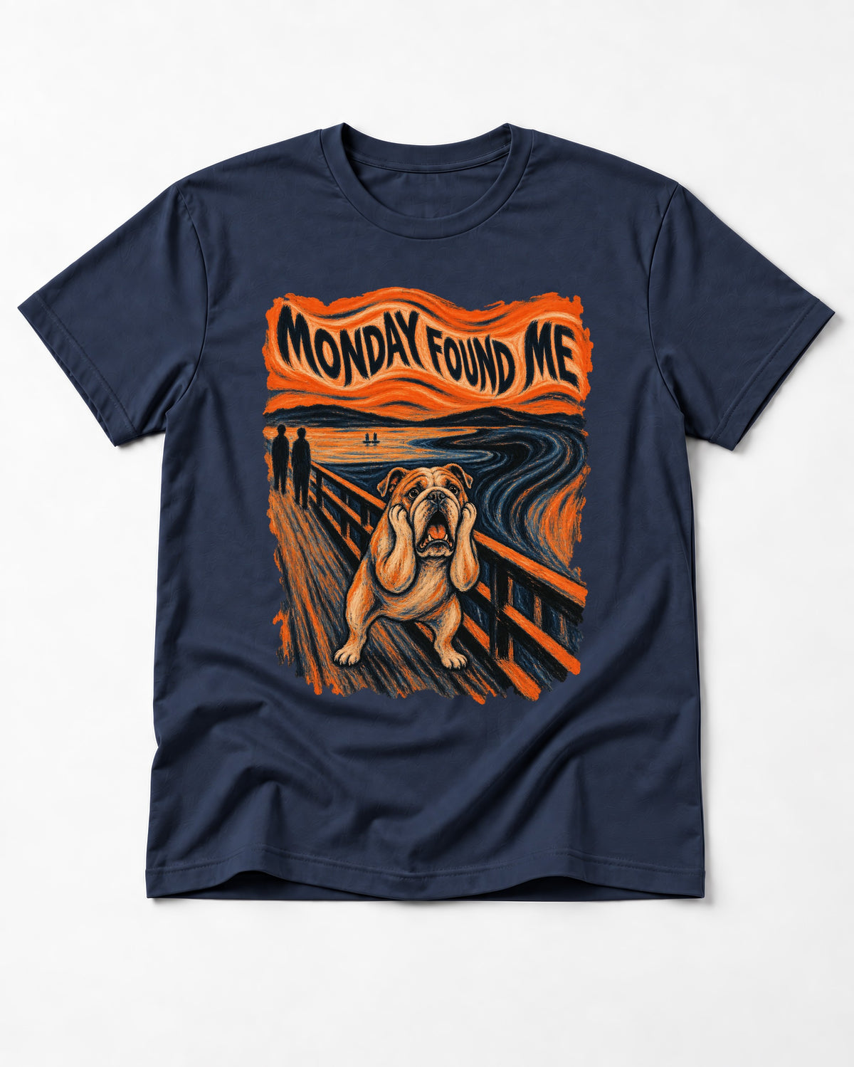 English Bulldog Monday Found Me Scream Graphic T-Shirt in Navy, flat lay product photo