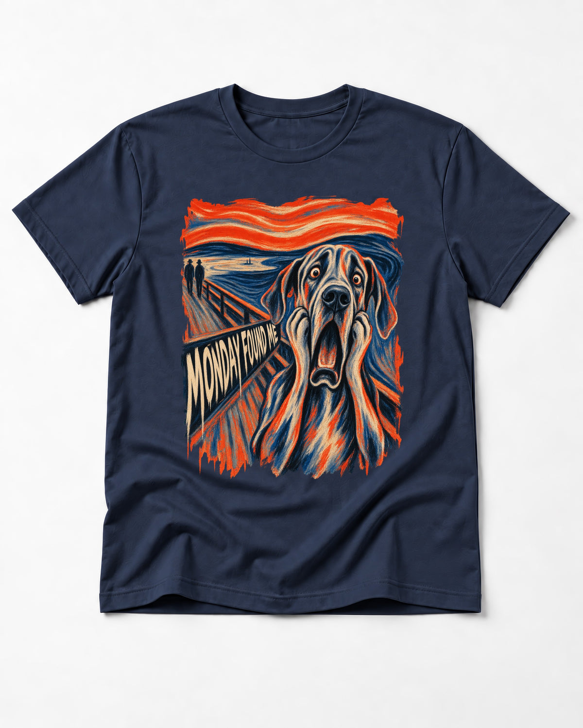 Great Dane Monday Found Me Scream Parody Graphic T-Shirt in Navy, flat lay product photo