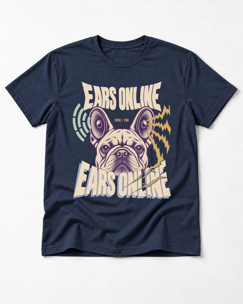 Frenchie Ears Online Audio Signal Graphic T-Shirt in Navy, flat lay product photo