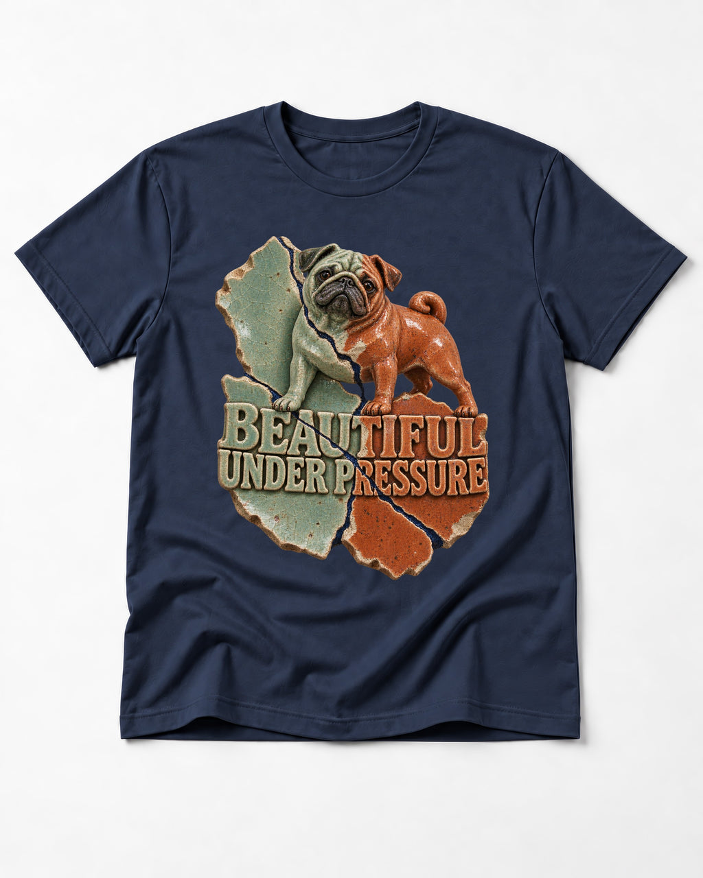 Pug Beautiful Under Pressure Cracked Ceramic Graphic T-Shirt in Navy, flat lay product photo