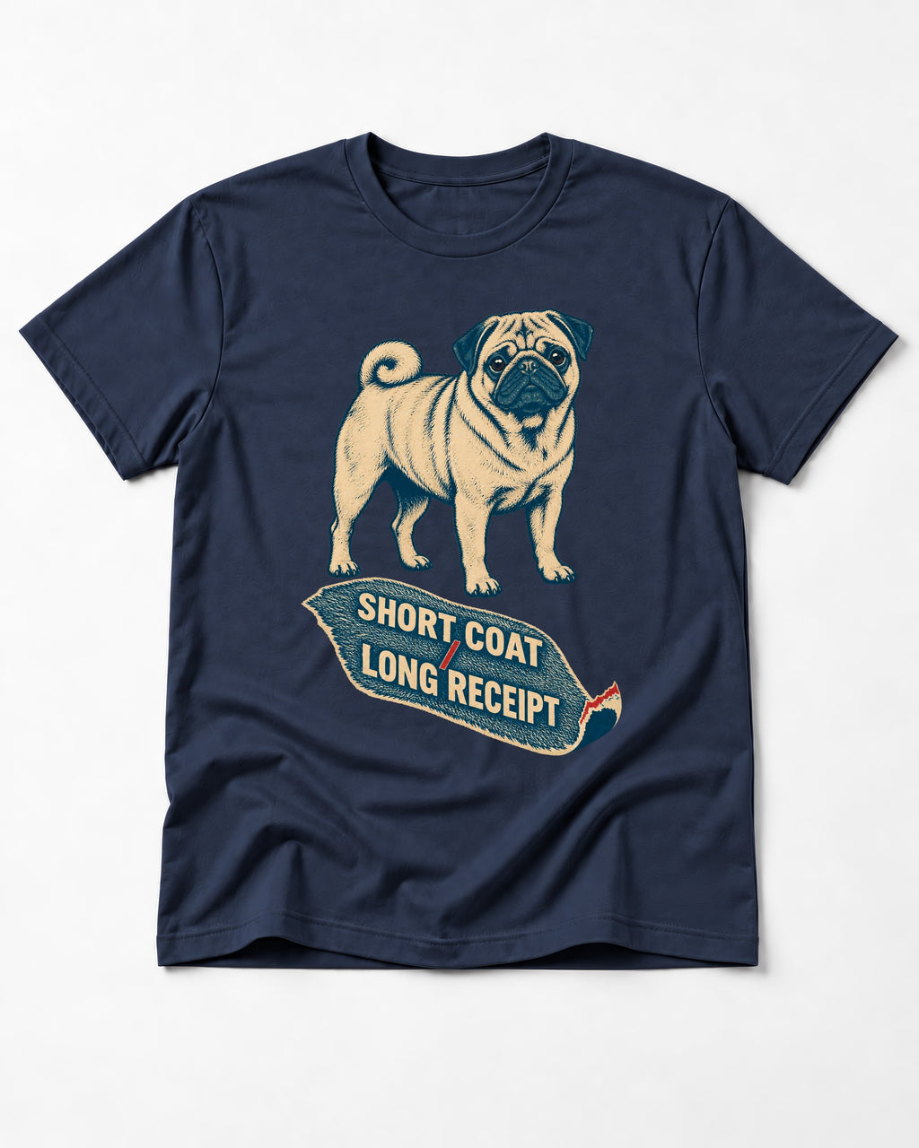 Pug Short Coat Long Receipt Graphic T-Shirt in Navy, flat lay product photo