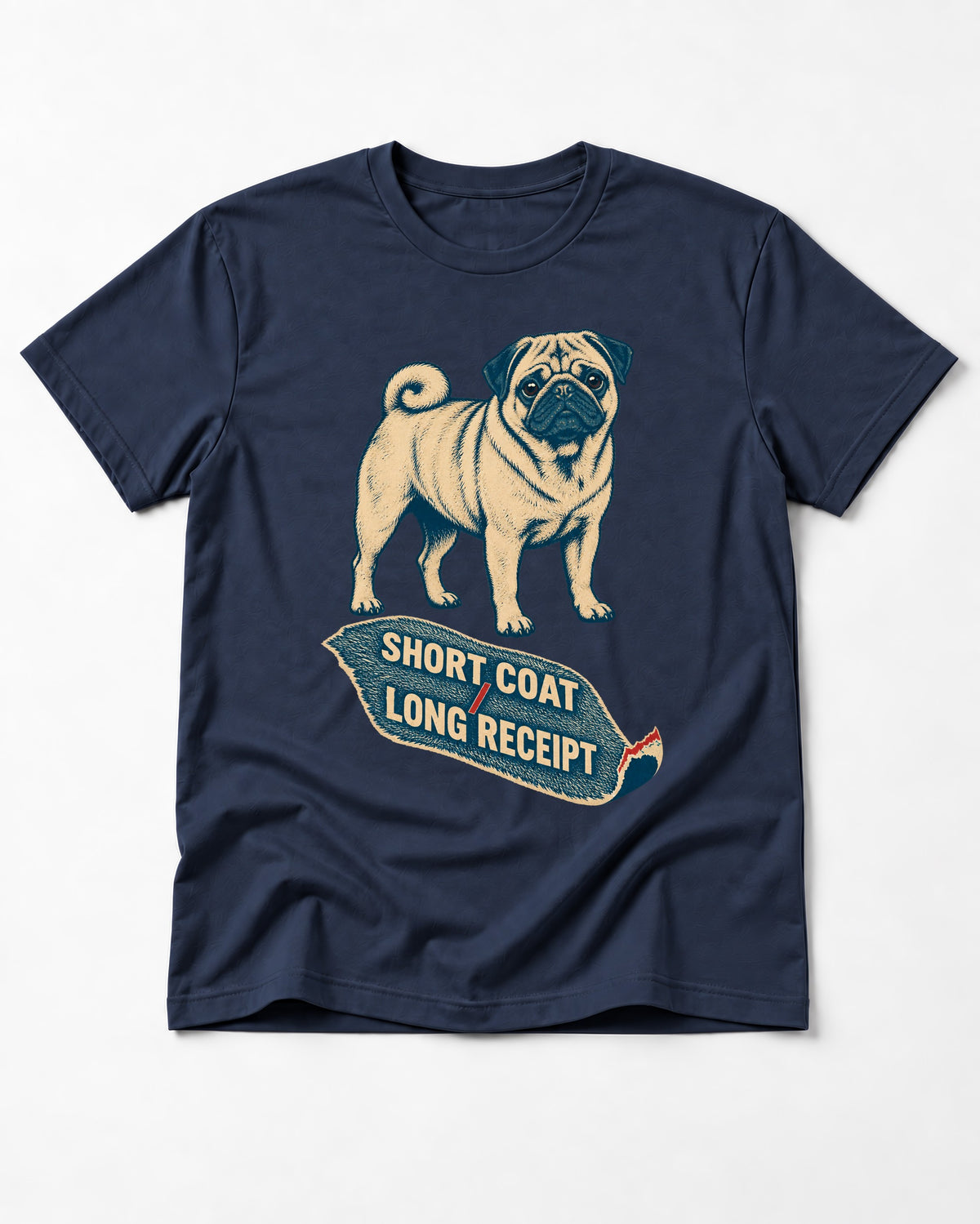 Pug Short Coat Long Receipt Graphic T-Shirt in Navy, flat lay product photo
