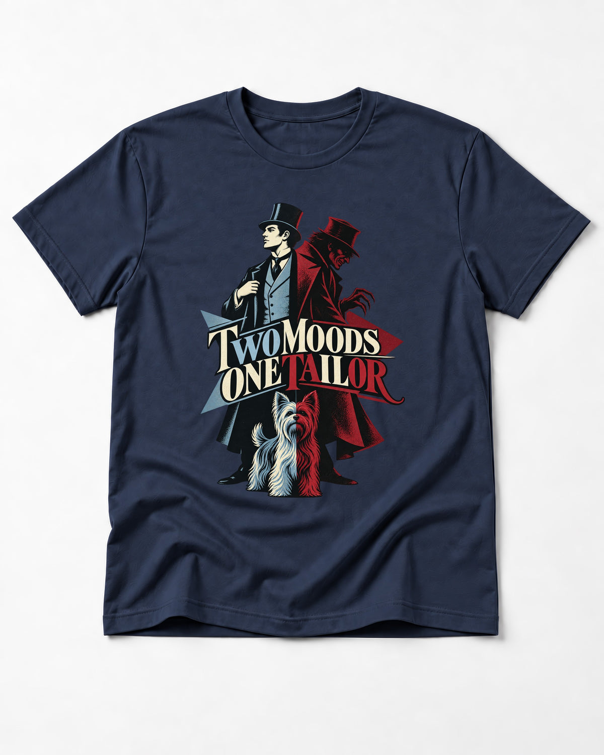 Yorkshire Terrier Two Moods One Tailor Split Persona Graphic T-Shirt in Navy, flat lay product photo