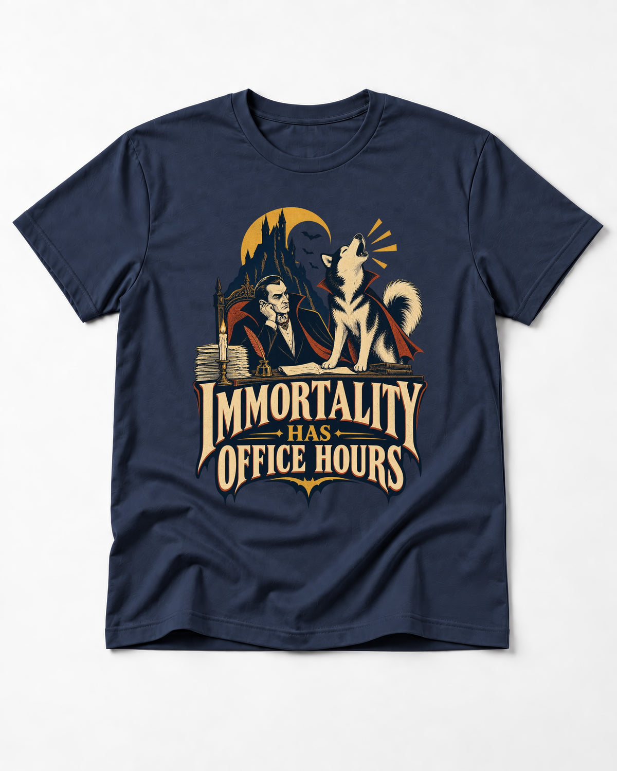 Husky Immortality Has Office Hours Vampire Office Graphic T-Shirt in Navy, flat lay product photo