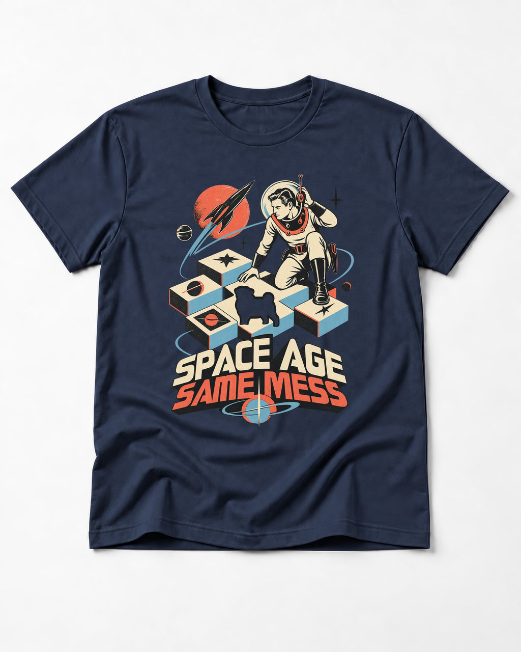 Pug Space Age Same Mess Astronaut Graphic T-Shirt in Navy, flat lay product photo