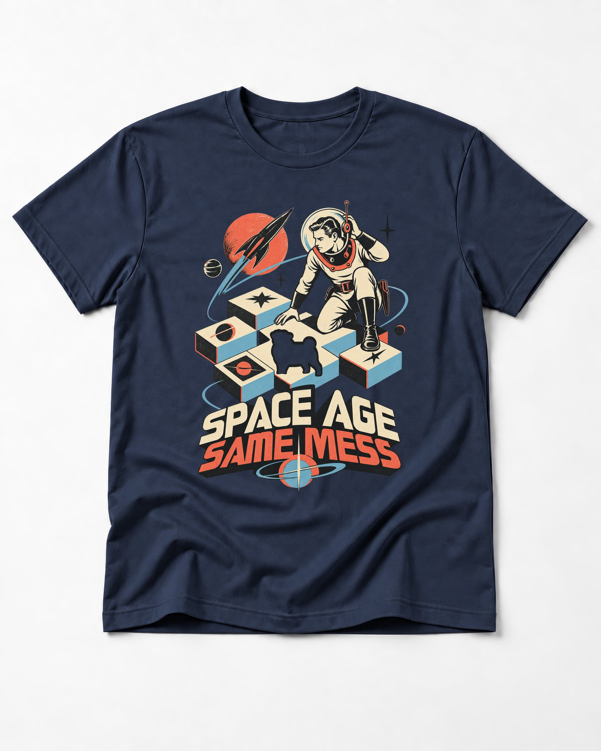 Pug Space Age Same Mess Astronaut Graphic T-Shirt in Navy, flat lay product photo