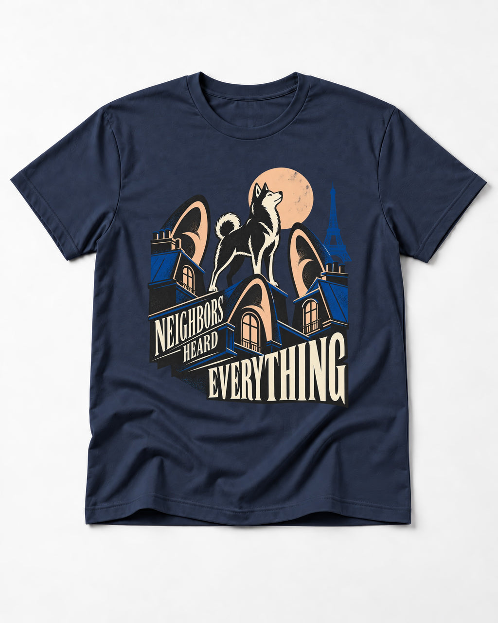 Husky Neighbors Heard Everything Paris Rooftop Graphic T-Shirt in Navy, flat lay product photo