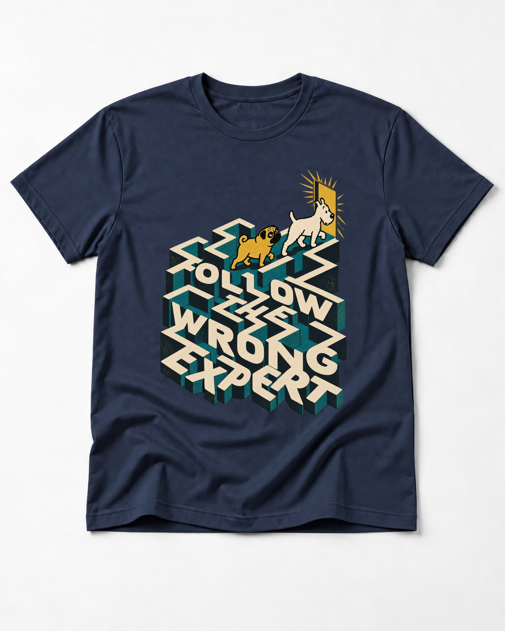 Pug Follow the Wrong Expert Isometric Maze Graphic T-Shirt in Navy, flat lay product photo