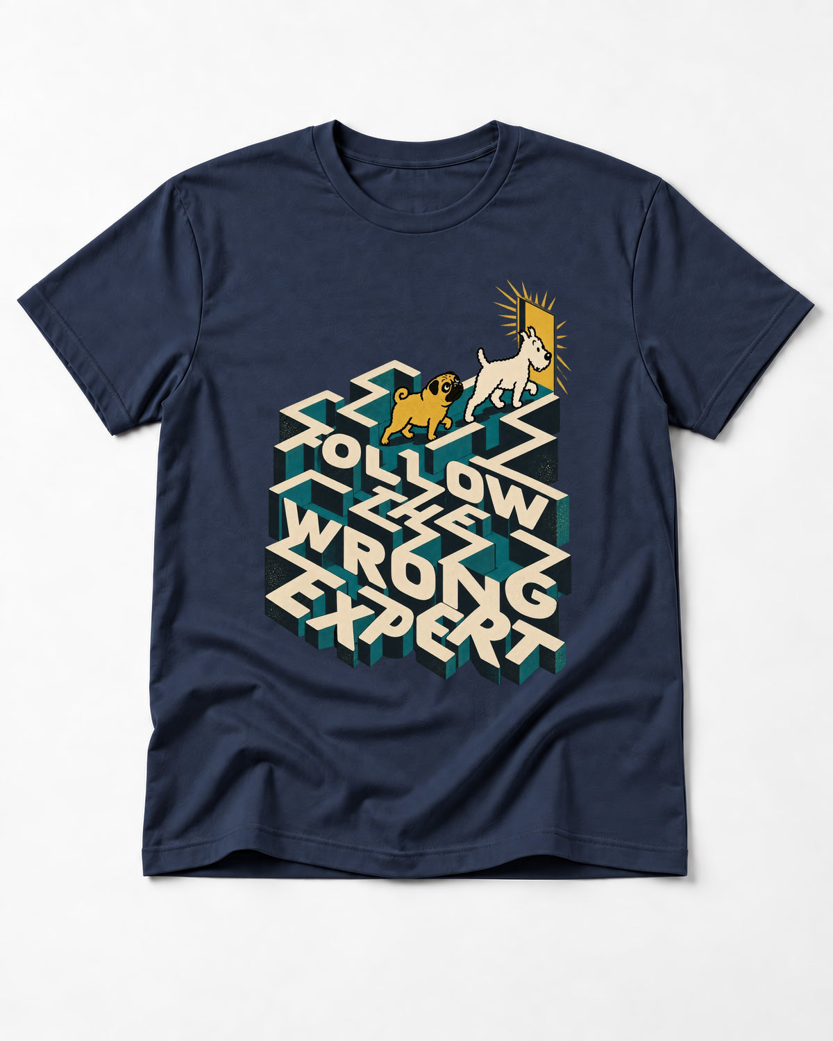 Pug Follow the Wrong Expert Isometric Maze Graphic T-Shirt in Navy, flat lay product photo