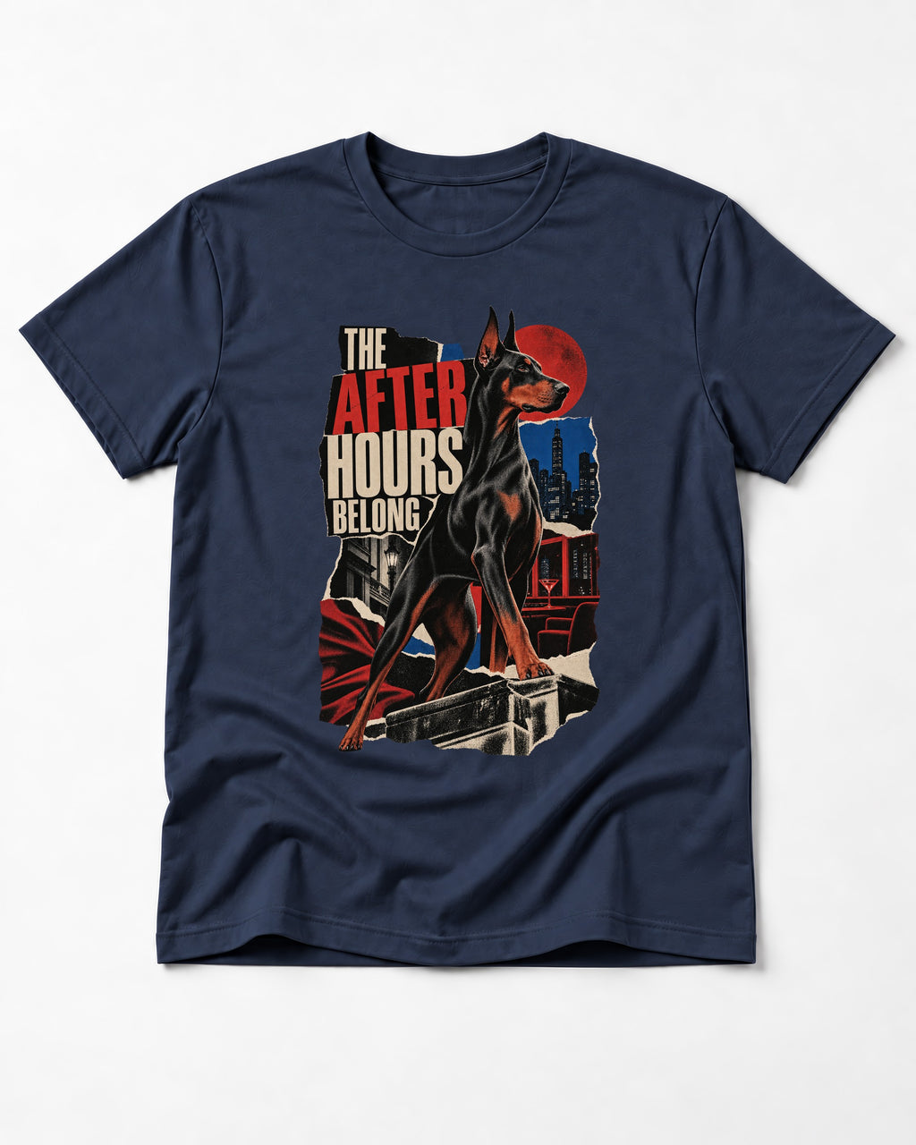 Doberman The After Hours Belong City Collage T-Shirt in Navy, flat lay product photo