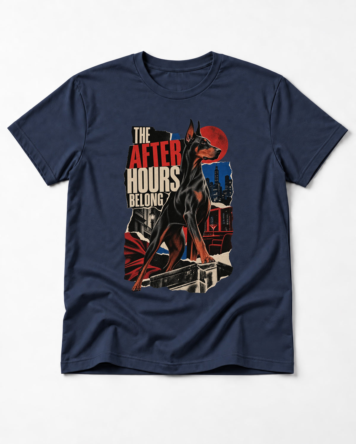 Doberman The After Hours Belong City Collage T-Shirt in Navy, flat lay product photo