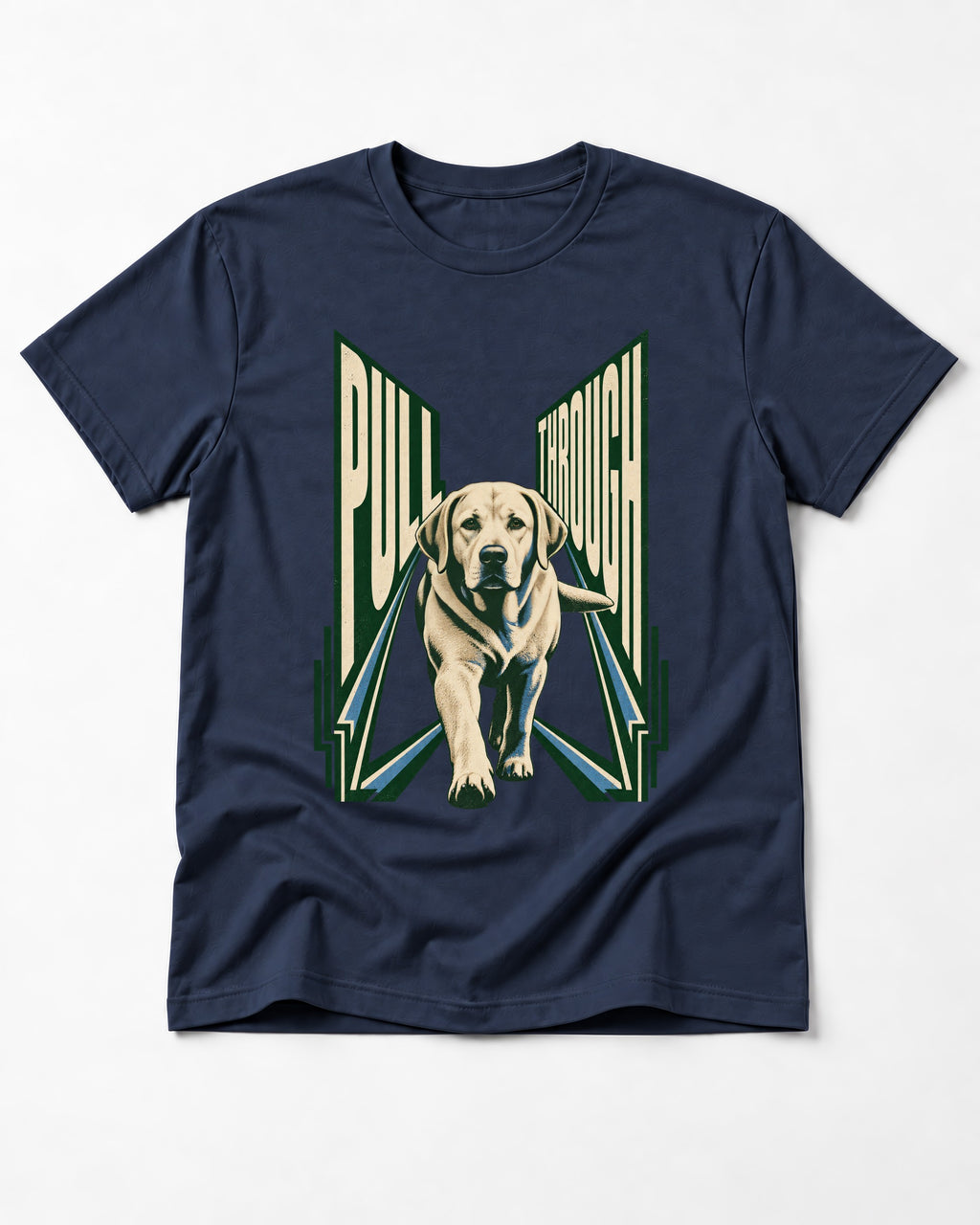 Labrador Retriever Pull Through Perspective Graphic T-Shirt in Navy, flat lay product photo