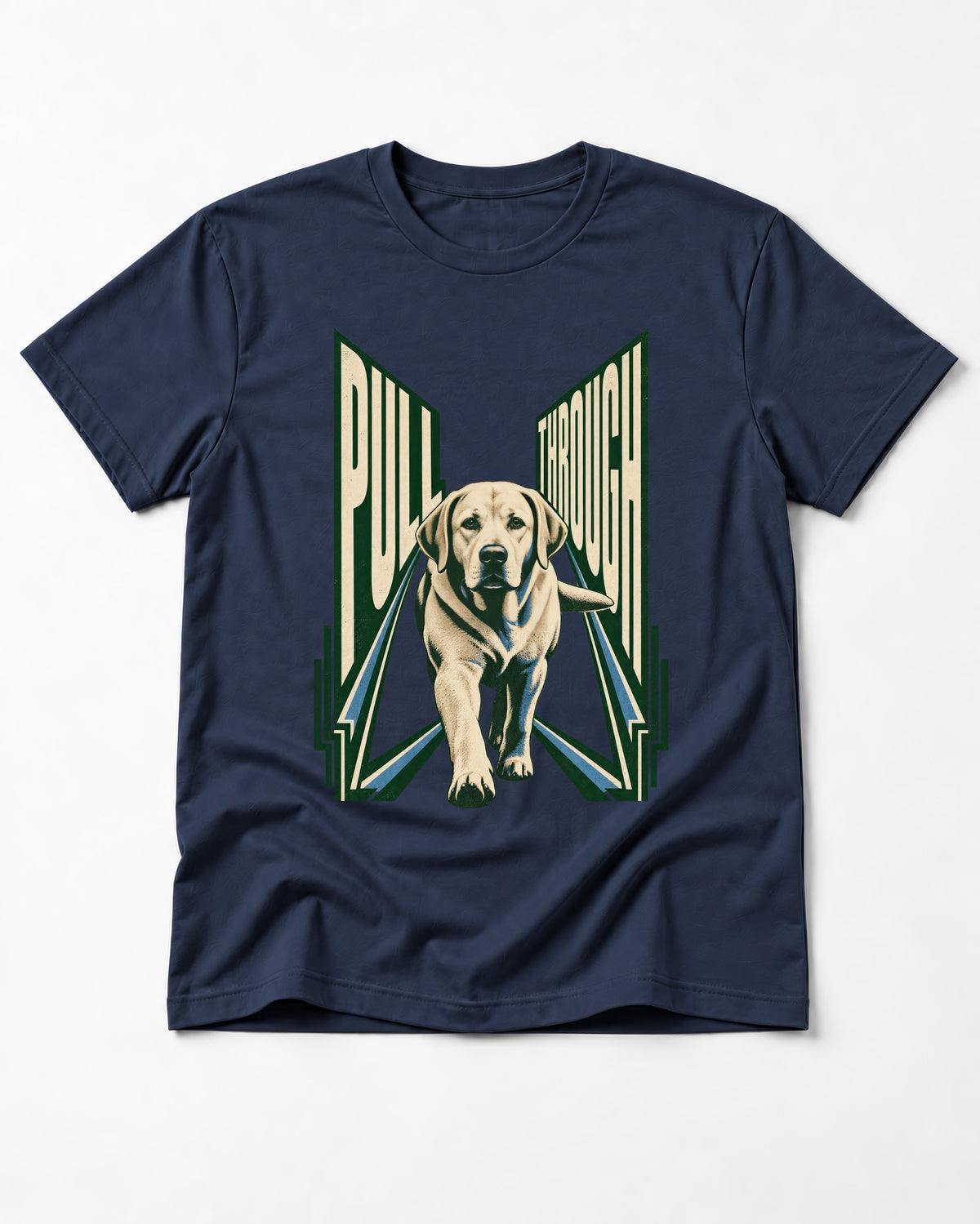 Labrador Retriever Pull Through Perspective Graphic T-Shirt in Navy, flat lay product photo