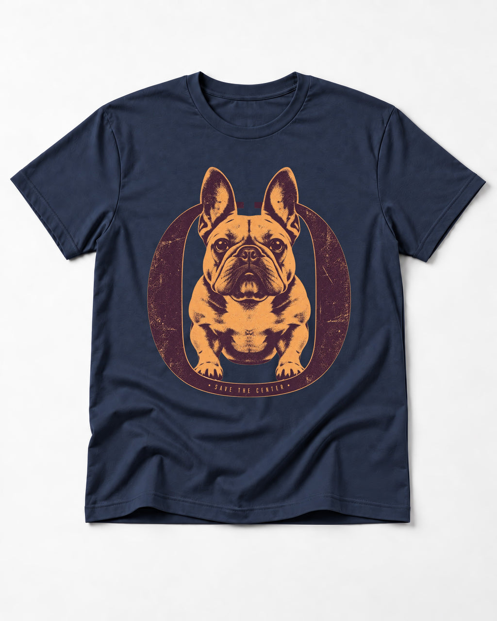 Frenchie Save the Center Oval Portrait Graphic T-Shirt in Navy, flat lay product photo