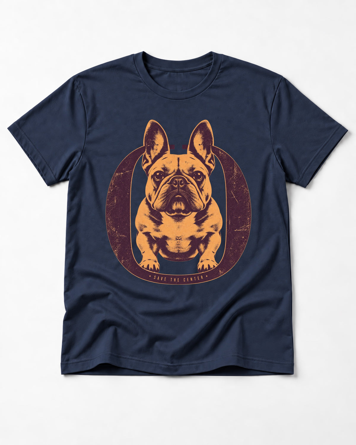 Frenchie Save the Center Oval Portrait Graphic T-Shirt in Navy, flat lay product photo