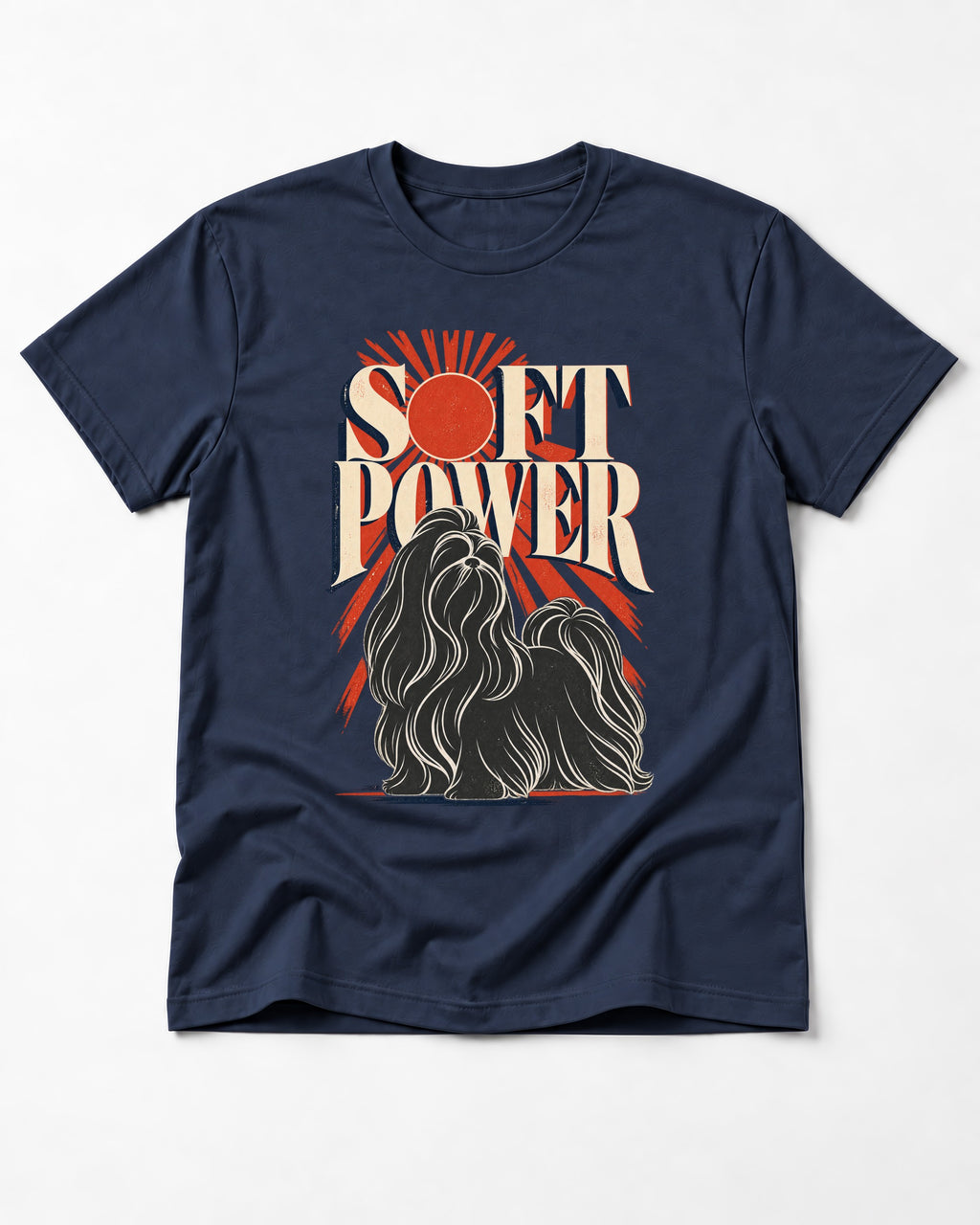 Shih Tzu Soft Power Sunburst Graphic T-Shirt in Navy, flat lay product photo