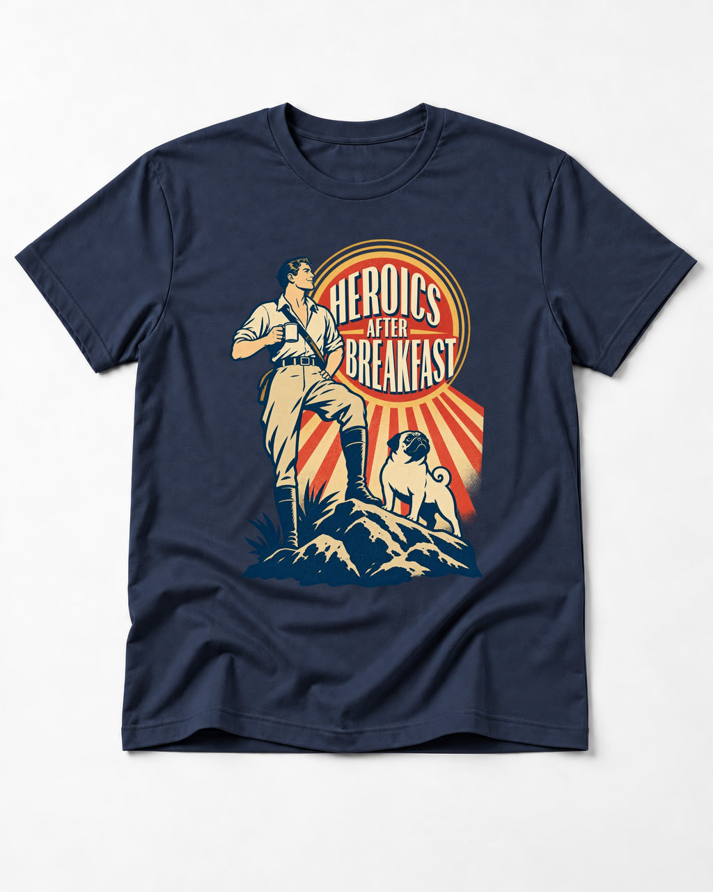 Pug Heroics After Breakfast Adventure Graphic T-Shirt in Navy, flat lay product photo