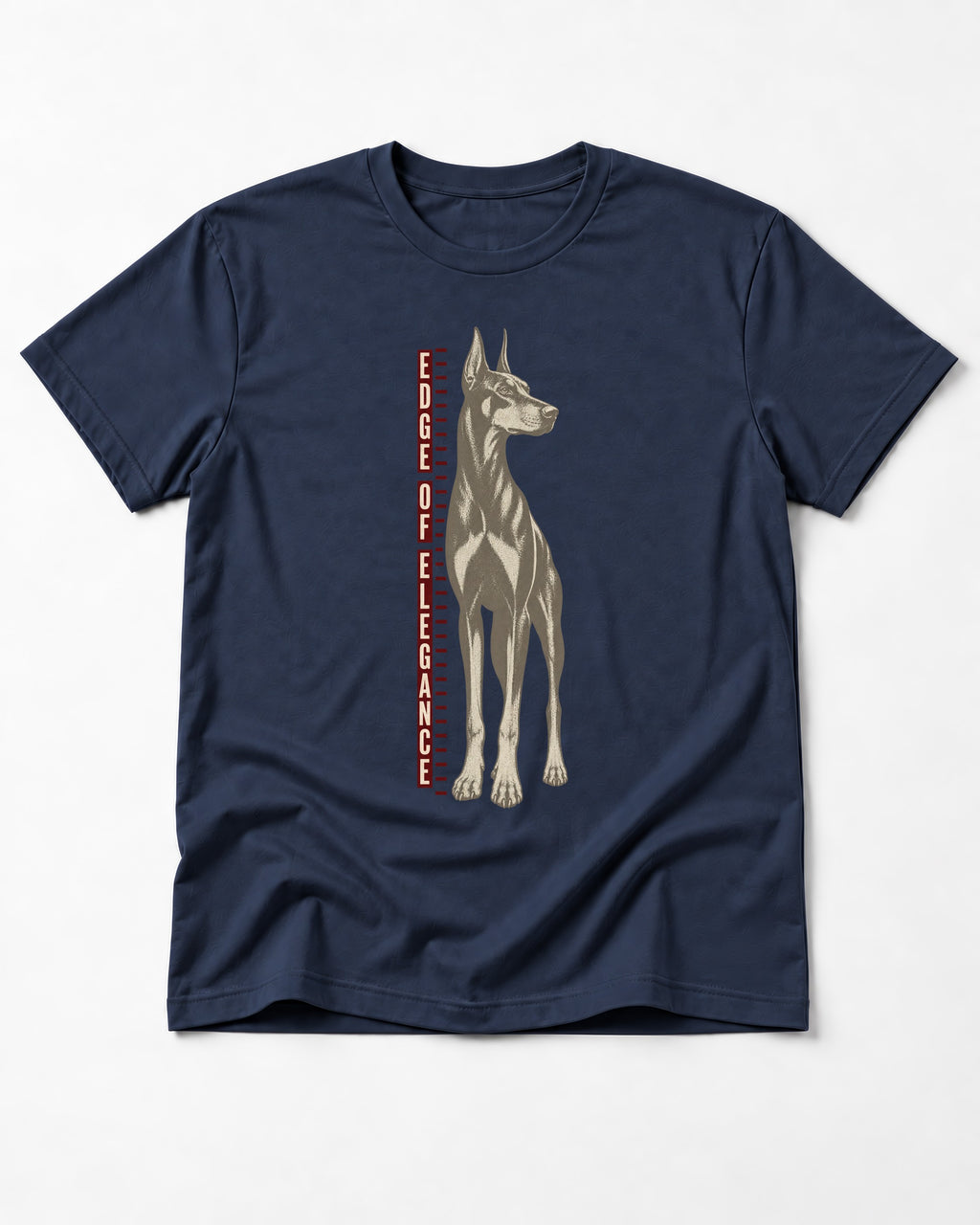 Doberman Edge of Elegance Height Chart Graphic T-Shirt in Navy, flat lay product photo