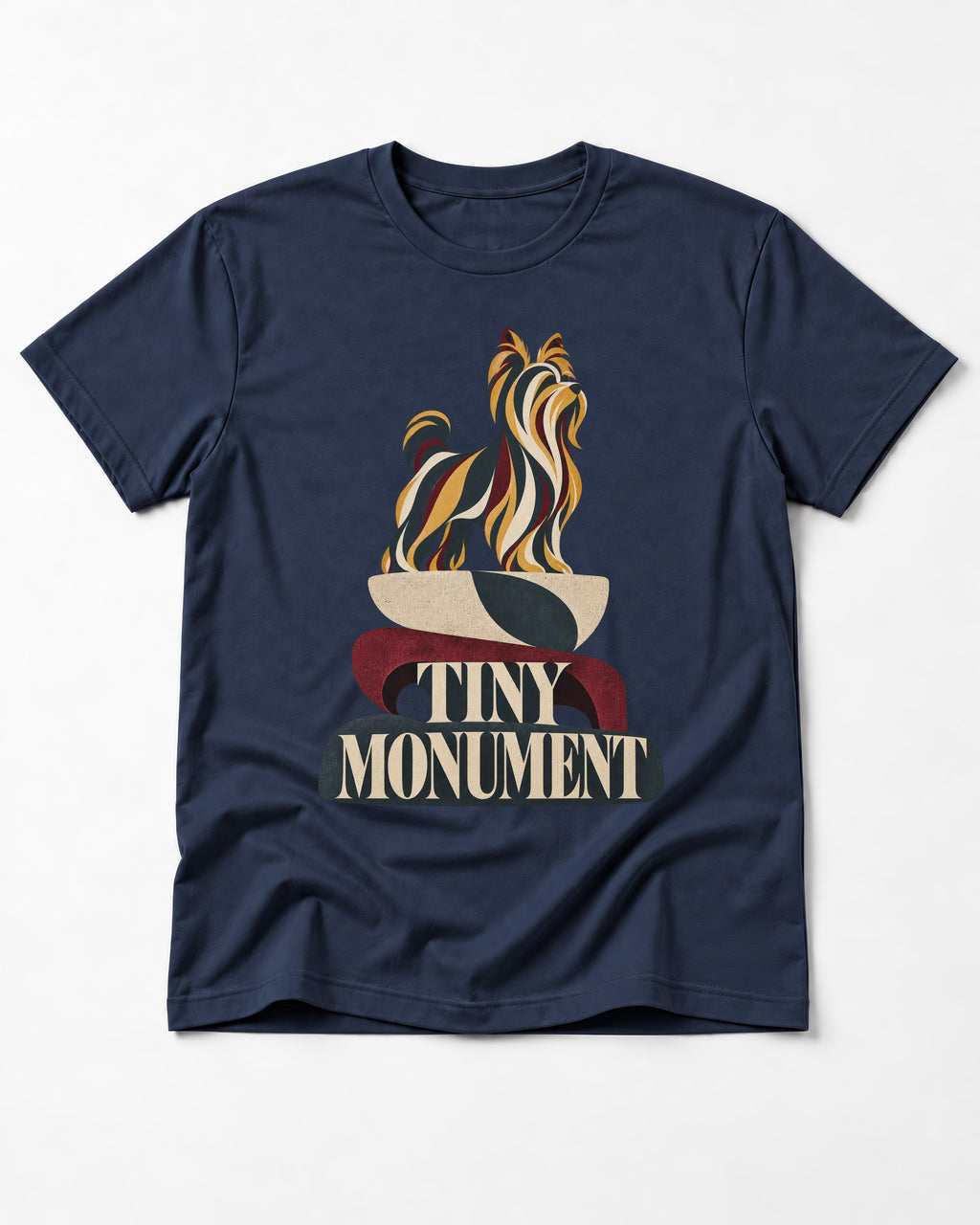 Yorkshire Terrier Tiny Monument Sculptural Plinth Graphic T-Shirt in Navy, flat lay product photo