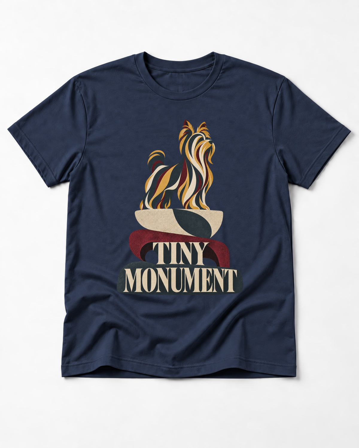 Yorkshire Terrier Tiny Monument Sculptural Plinth Graphic T-Shirt in Navy, flat lay product photo
