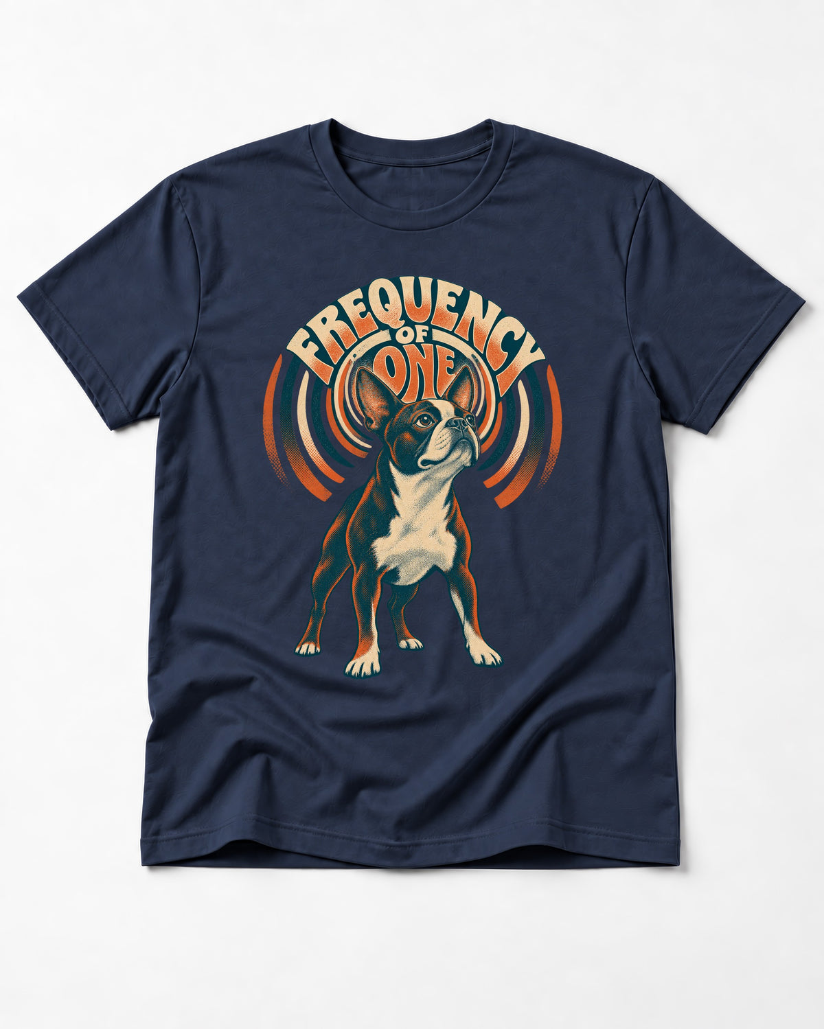 Frequency of One Boston Terrier Graphic T-Shirt in Navy, flat lay product photo