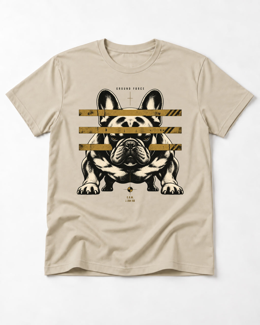 Frenchie Ground Force Industrial Barrier Graphic T-Shirt in Sand, flat lay product photo