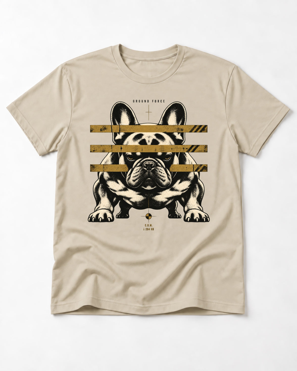 Frenchie Ground Force Industrial Barrier Graphic T-Shirt in Sand, flat lay product photo