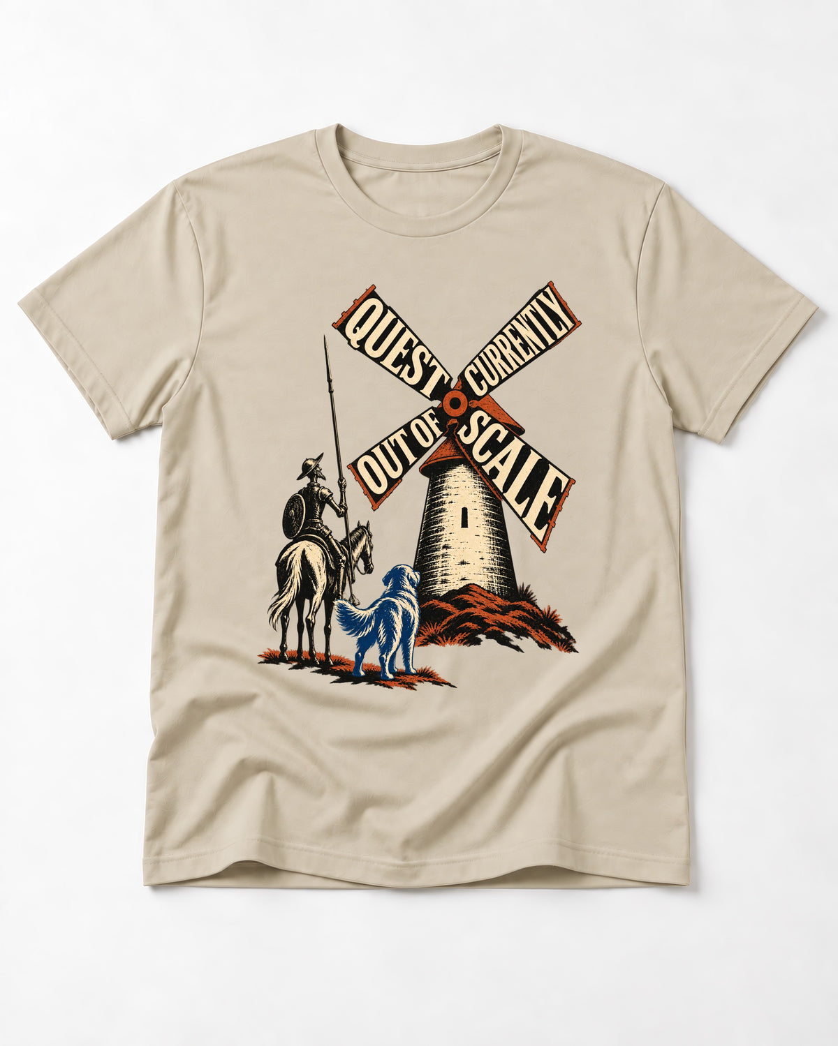 Golden Retriever Quest Out of Scale T-Shirt in Sand, flat lay product photo
