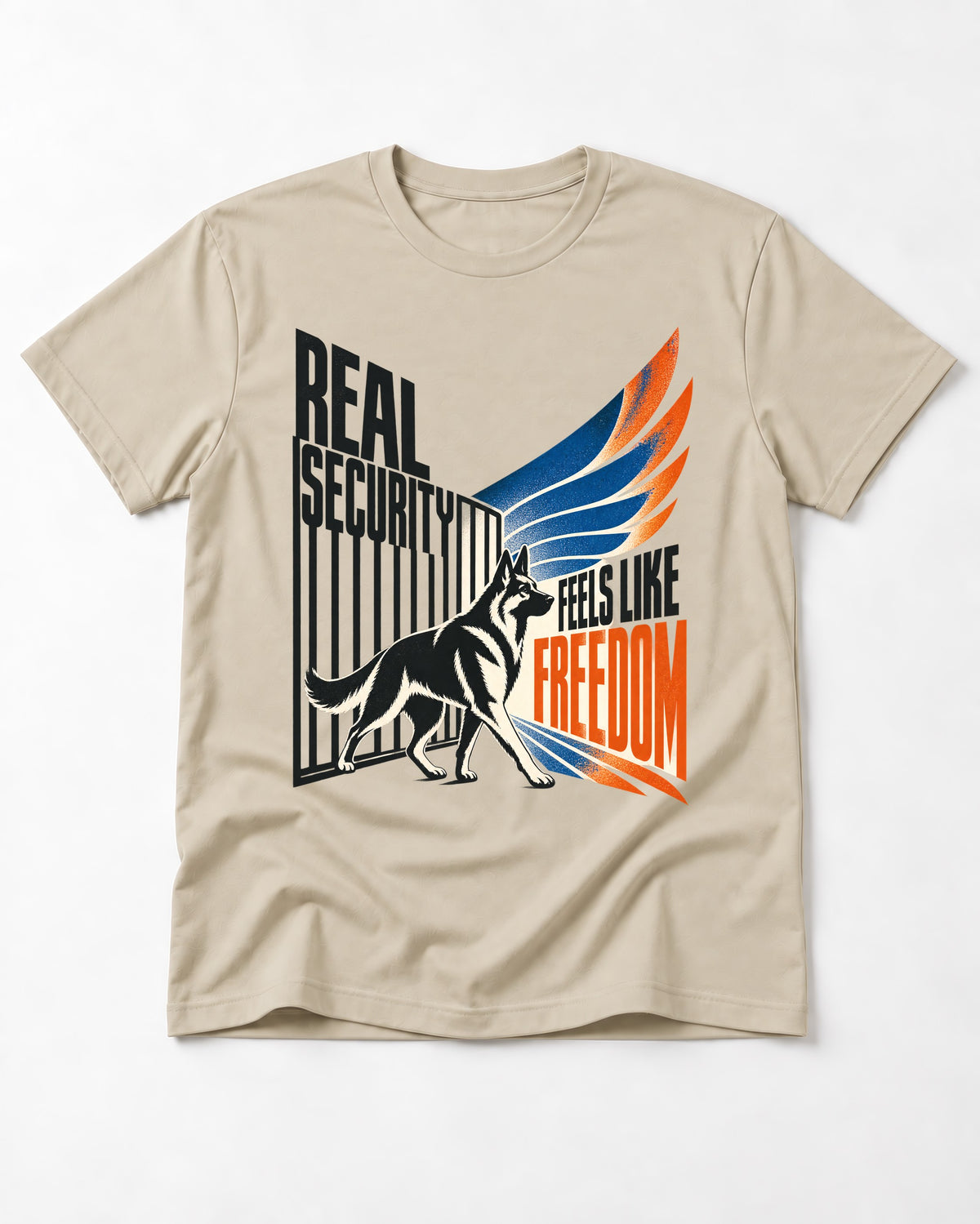 German Shepherd Dog Feels Like Freedom T-Shirt in Sand, flat lay product photo