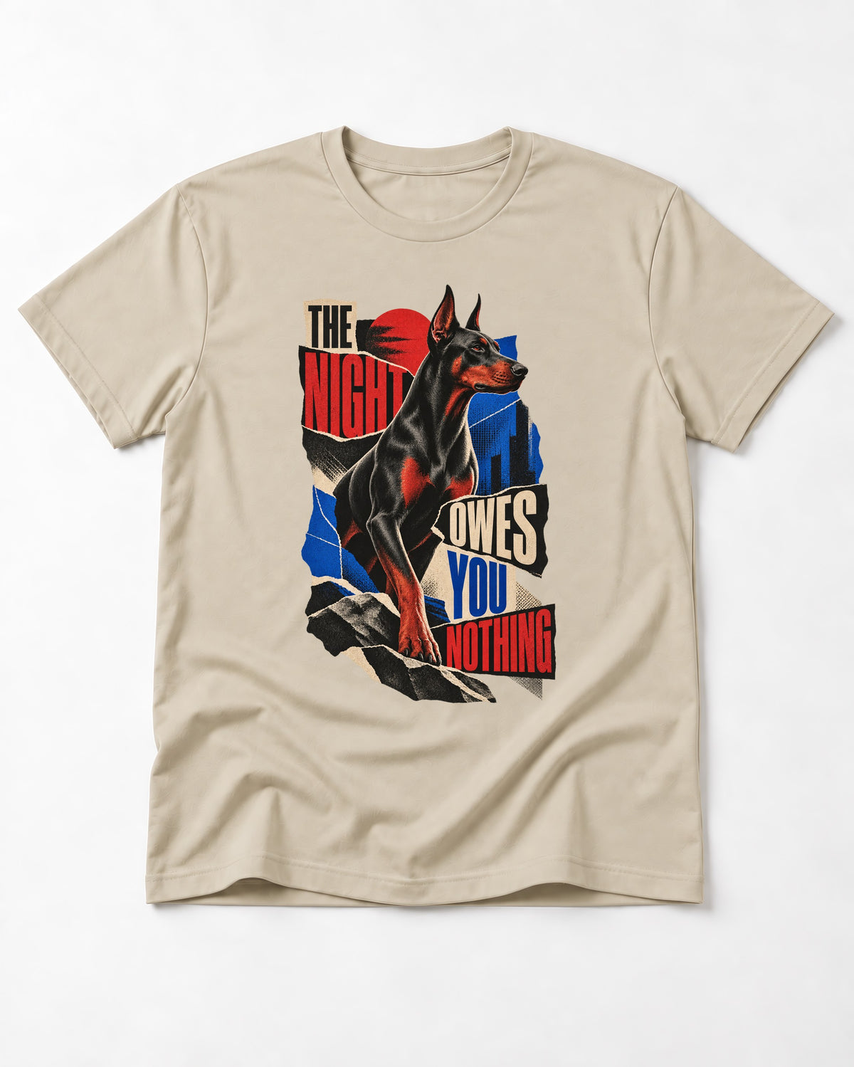 Night Owes You Nothing Doberman T-Shirt in Sand, flat lay product photo