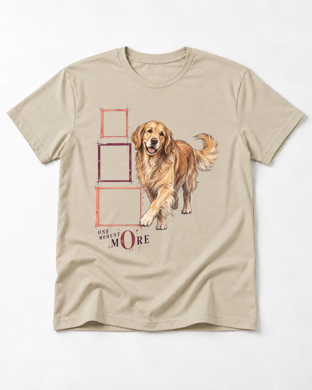 Golden Retriever One Moment More T-Shirt in Sand, flat lay product photo