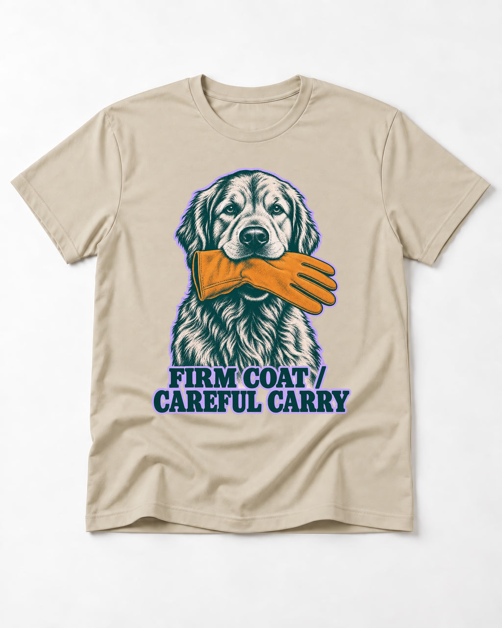 Golden Retriever Firm Coat Careful Carry T-Shirt in Sand, flat lay product photo