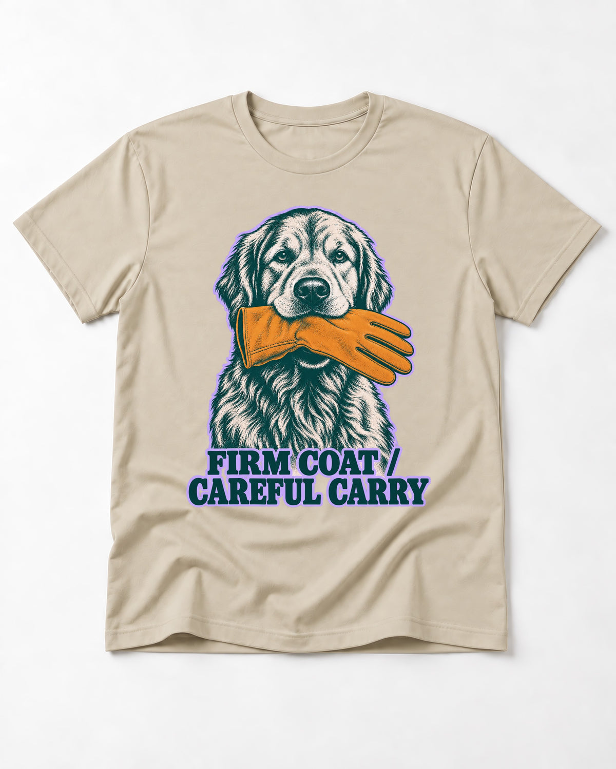 Golden Retriever Firm Coat Careful Carry T-Shirt in Sand, flat lay product photo
