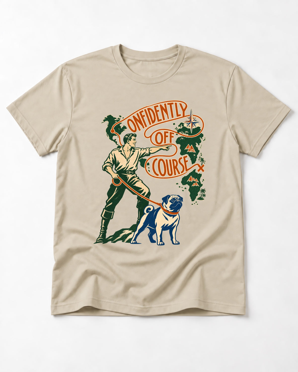 Pug Confidently Off Course T-Shirt in Sand, flat lay product photo