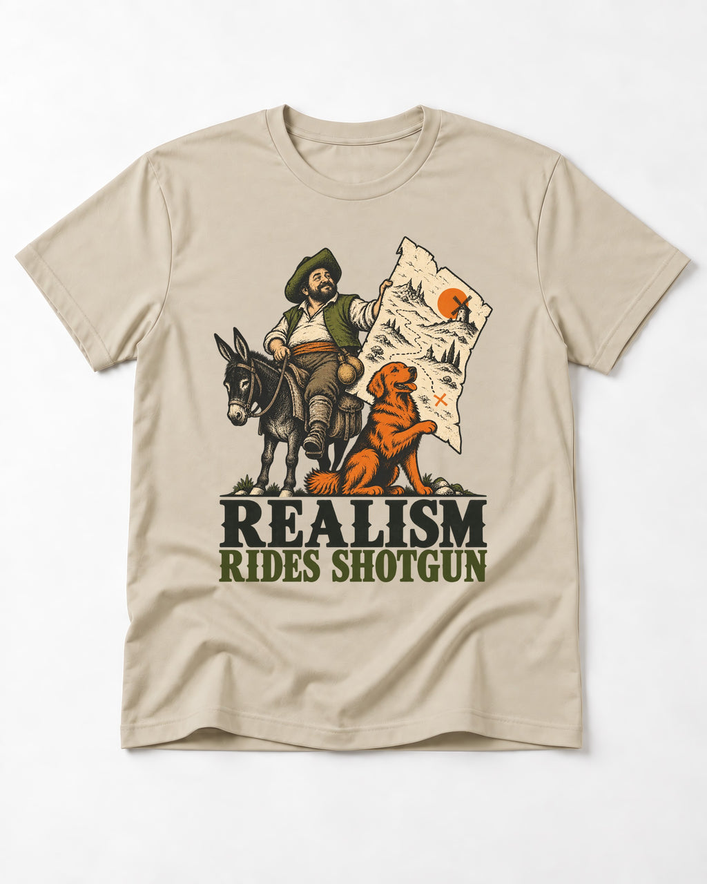 Realism Rides Shotgun with Golden Retriever T-Shirt in Sand, flat lay product photo
